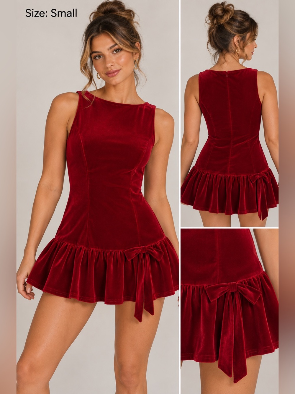 Women’s Sleeveless Belted Peplum velvet Dress in Deep Red